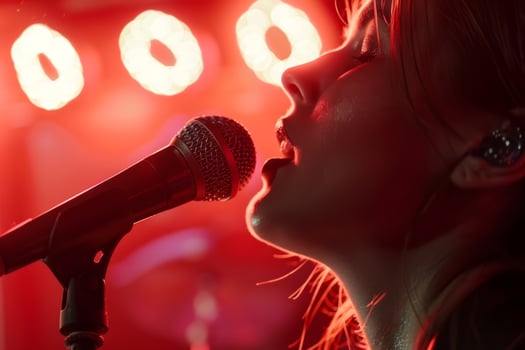 AI generated Woman singing karaoke in neon lights. Generative AI photo