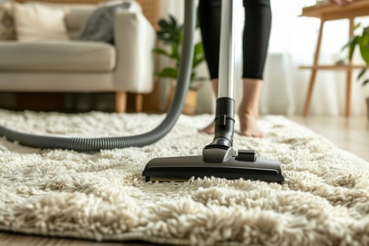AI generated Woman cleaning the carpet with vacuum cleaner in the living room. Generative AI photo