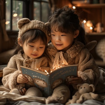 AI generated Adoptive kin engrossed in reading together in a warm bedroom setting photo
