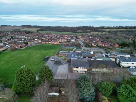High Angle view of Barnfield College Road at East Luton City of England during Sunset. Luton, England UK. Feb 19th, 2024 photo