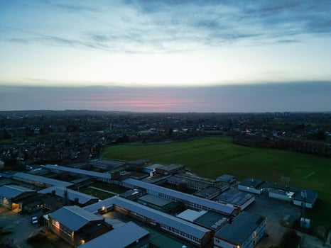 High Angle view of Barnfield College Road at East Luton City of England during Sunset. Luton, England UK. Feb 19th, 2024 photo