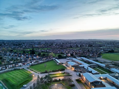 High Angle view of Barnfield College Road at East Luton City of England during Sunset. Luton, England UK. Feb 19th, 2024 photo