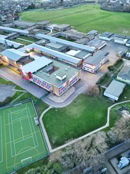 High Angle view of Barnfield College Road at East Luton City of England during Sunset. Luton, England UK. Feb 19th, 2024 photo