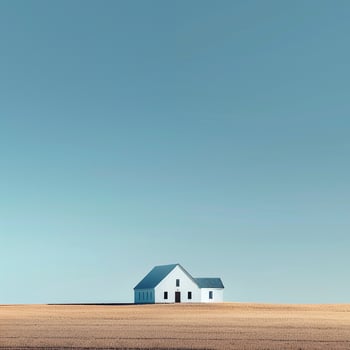 AI generated Solitary white farmhouse with a blue roof stands in stark contrast to the vast, golden wheat field under a clear blue sky photo