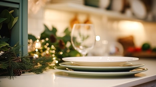AI generated Dishware and crockery set for winter holiday family dinner, Christmas homeware decor for holidays in the English country house, gift set and home styling photo
