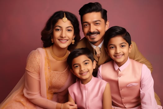 AI generated Illustration photo portrait of beautiful indian family. Parents with kids on studio background
