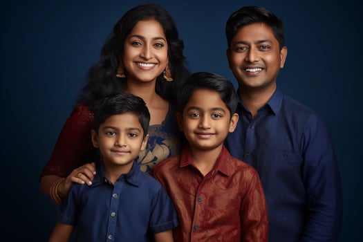 AI generated Illustration photo portrait of beautiful indian family. Parents with kids on studio background