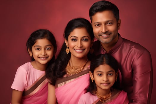 AI generated Illustration photo portrait of beautiful indian family. Parents with kids on studio background