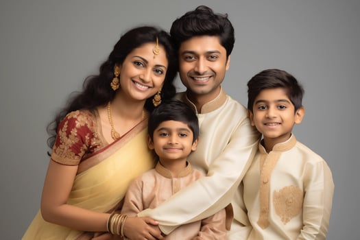 AI generated Illustration photo portrait of beautiful indian family. Parents with kids on studio background
