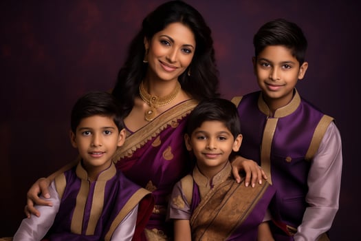 AI generated Illustration photo portrait of beautiful indian family. Parents with kids on studio background