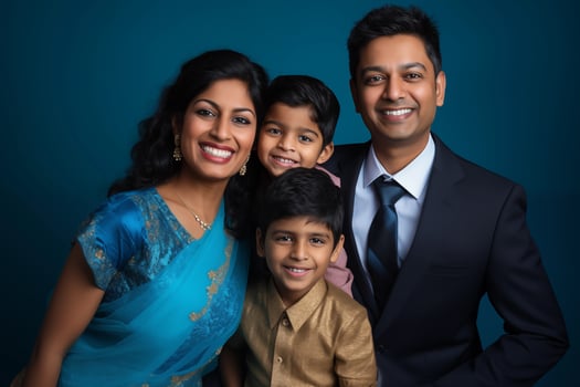 AI generated Illustration photo portrait of beautiful indian family. Parents with kids on studio background