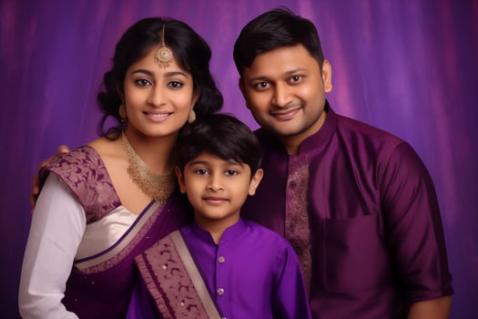 AI generated Illustration photo portrait of beautiful indian family. Parents with kids on studio background