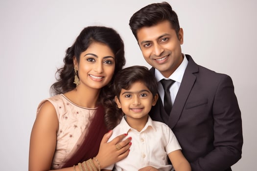 AI generated Illustration photo portrait of beautiful indian family. Parents with kids on studio background