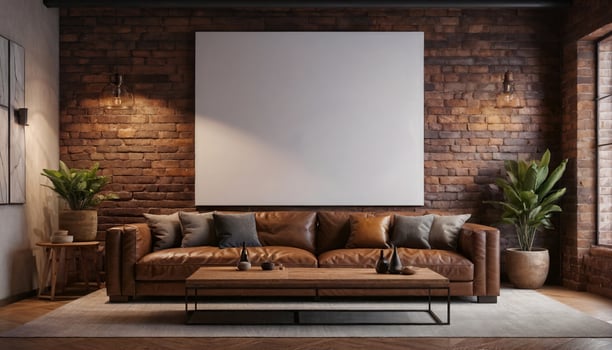 AI generated Living room interior  Wall mockup in Dark brown tone with leather sofa,   Empty white canvas with  frame photo