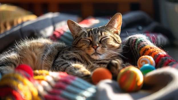 AI generated Cat lounging in a sunbeam, surrounded by pet toys, epitome of contentment photo