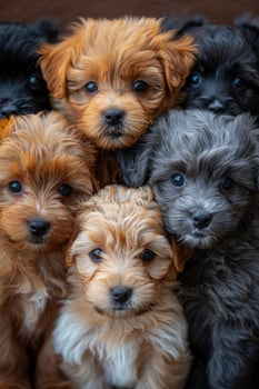AI generated Puppies at pet grooming, fluffy and fresh, happily wag tails in a group session. photo