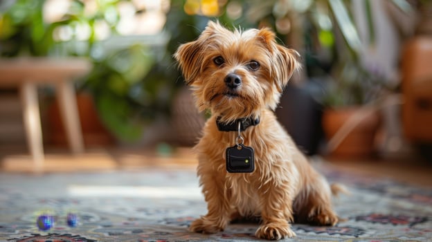 AI generated This tiny pet is sporting a GPS tracker, a technological aid ensuring pet safety, all within an indoor environment. photo