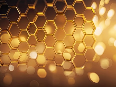 AI generated Golden honeycomb on golden bokeh background. 3d rendering photo