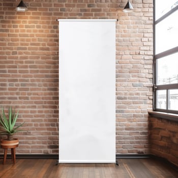 AI generated Blank white roll up banner mockup on brick wall photo