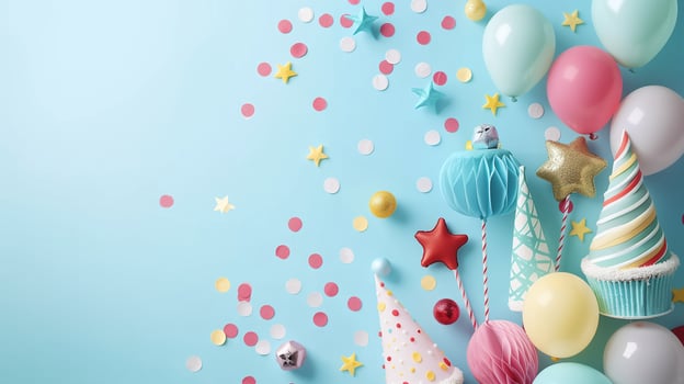 AI generated Banner Celebration decor with colorful balloons, party hats, and confetti for birthday or festive events photo
