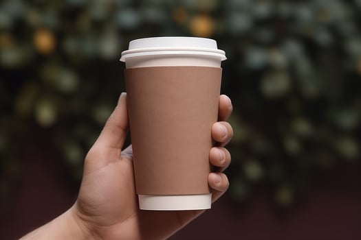 AI generated Hand holding coffee cup on blurred outdoor background photo