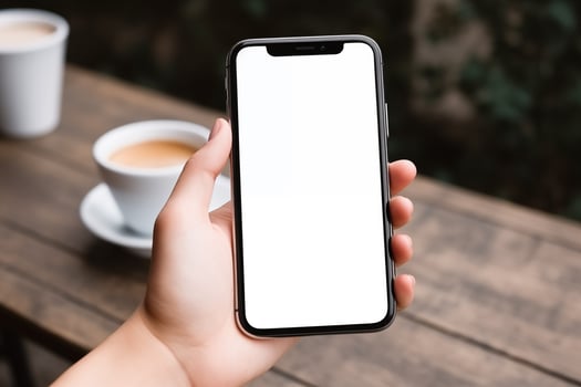 AI generated Hand holding a smartphone with blank screen on cafe table background with coffee cup, for mockup photo
