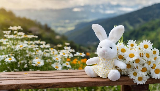 Beautiful bunny sitting on wooden bench with bouquet of daisies, children's plush toy. photo