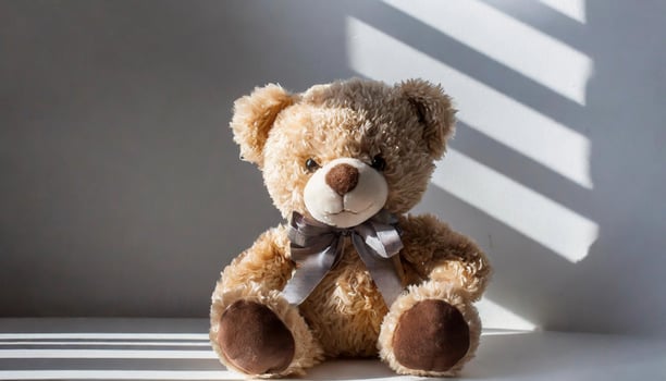 Beautiful teddy bear sitting, children's plush toy. photo