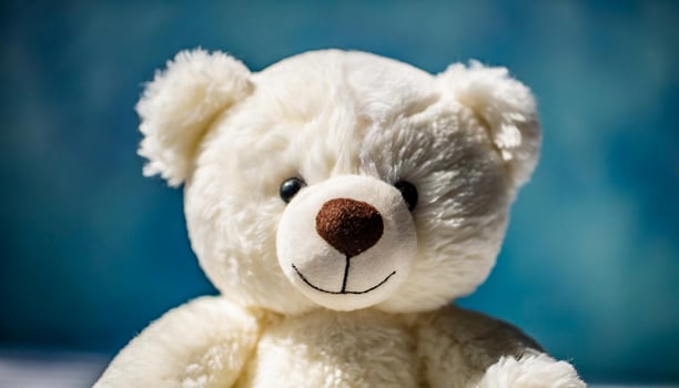 Beautiful teddy bear, children's plush toy. Blue bokeh photo