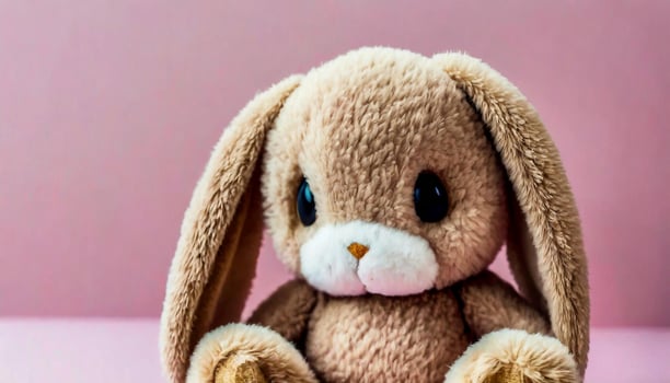 Beautiful wool bunny, plush toy. Pink background. photo