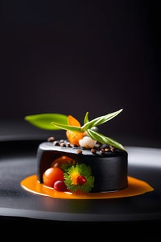 AI generated unusual molecular gastronomy dish on a black plate photo
