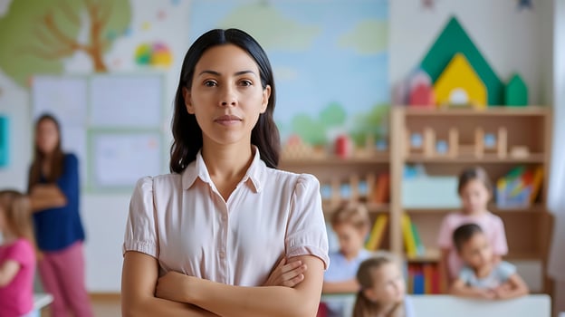 AI generated Woman Standing in Front of Classroom of Children. Generative AI. photo