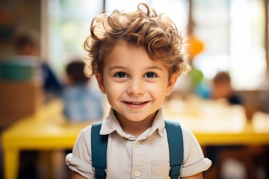 AI generated Portait of little boy in kindergarten nursery school. Kids playing with educational toys. Early education. Montessori learning tools for children. photo