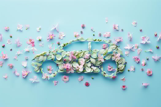 AI generated modern car made of leaves and flowers on a pastel blue background, eco electric car concept photo