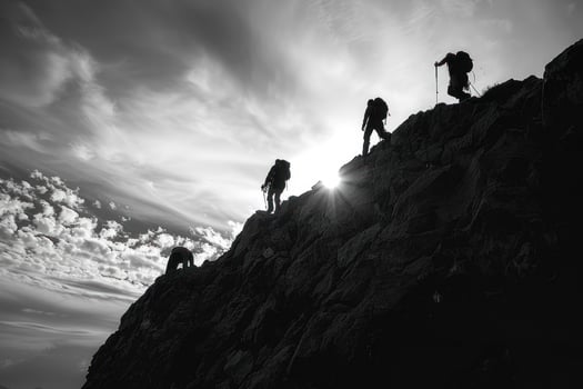 AI generated Silhouetted Hikers Ascending a Steep Hill at Sunrise. A group of hikers, silhouetted against the sky, vigorously ascend a steep hill with the sunrise behind them. photo