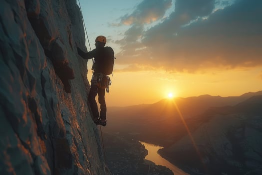 AI generated Climbing Adventure at Dusk. Climbers ascending a snow-covered cliff face during a winter sunset. photo