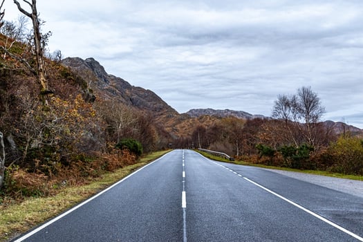 Empty road stretching through a tranquil autumn landscape with colorful foliage and mountain backdrop. photo