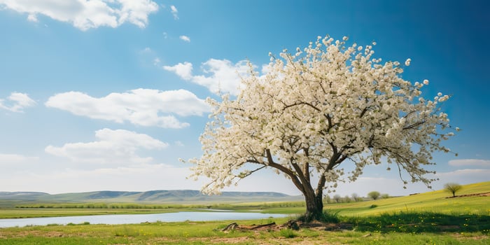 Nature outdoor blooming blossom apricot tree with many flowers on a sunny day meadow landscape scene photo