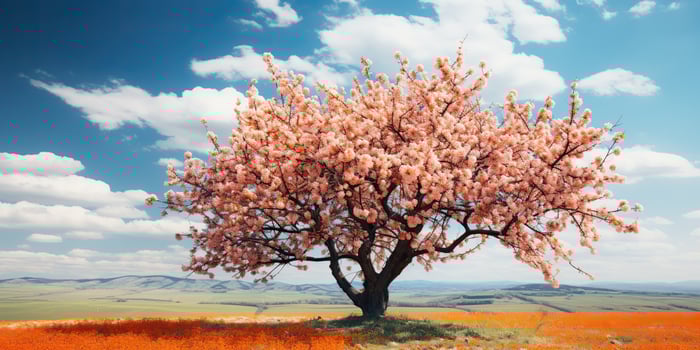 Nature outdoor blooming blossom apricot tree with many flowers on a sunny day meadow landscape scene photo