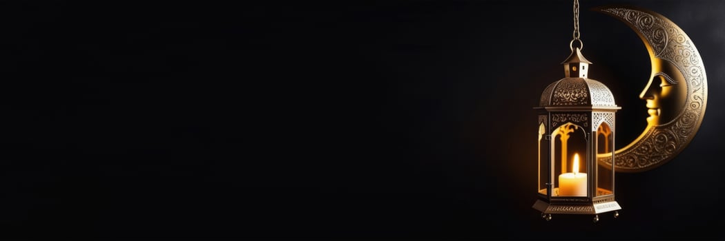 AI generated Eid al-Fitr, Laylat al-Qadr, holy month of Ramadan,Arab lantern fanus, candles, golden crescent, magical atmosphere, dark background, horizontal banner, place for text photo