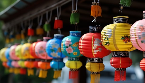 AI generated Chinese lanterns hanging in a row illuminate the vibrant night generated by AI photo