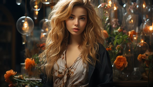 AI generated Young woman with long blond hair looking at camera outdoors generated by AI photo