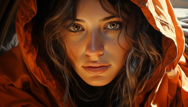 AI generated Young woman in raincoat, looking at camera, surrounded by nature generated by AI photo