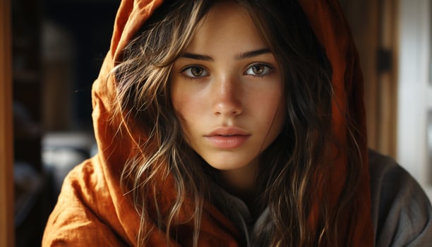 AI generated One young woman, with long brown hair, looking at camera generated by AI photo