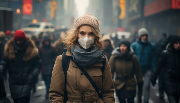 AI generated Young adults walking in the city, wearing warm winter clothing generated by AI photo
