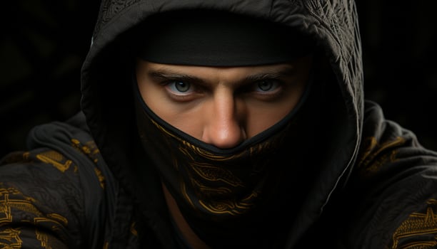 AI generated One man, hooded shirt, looking at camera, outdoors, serious generated by AI photo