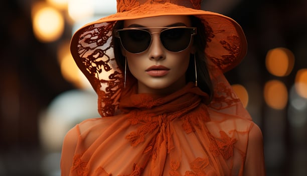AI generated One elegant woman, fashion model, looking at camera outdoors generated by AI photo