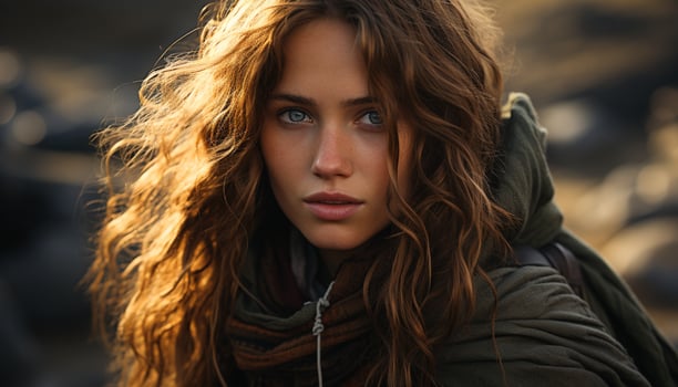 AI generated One young woman, outdoors, looking at camera, smiling, beauty generated by AI photo