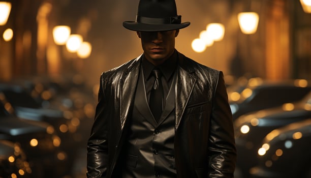AI generated Confident man in suit walking through illuminated city at night generated by AI photo