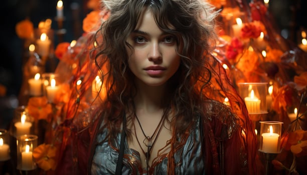 AI generated Young adult woman looking at camera, smiling, illuminated by candle flame generated by AI photo